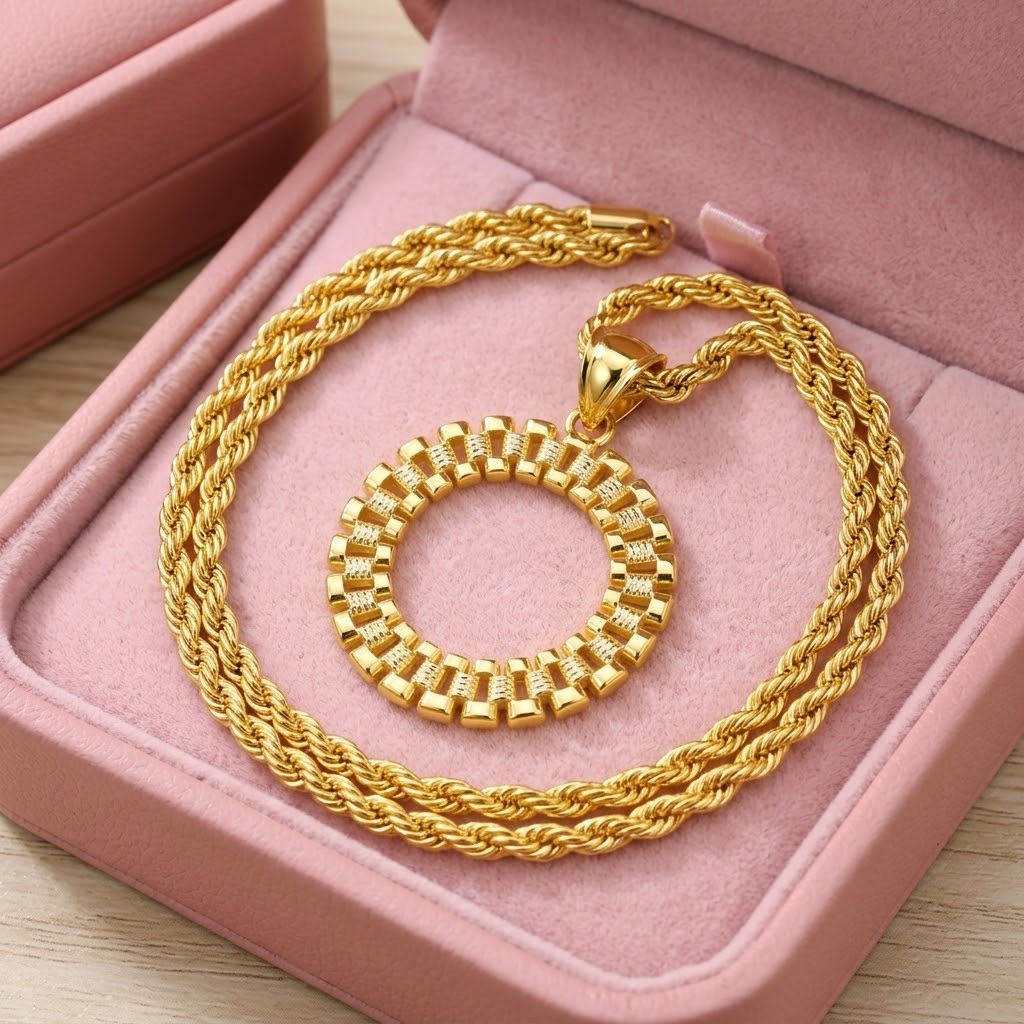 Rx Style Round Pendant Rope Chain Necklace