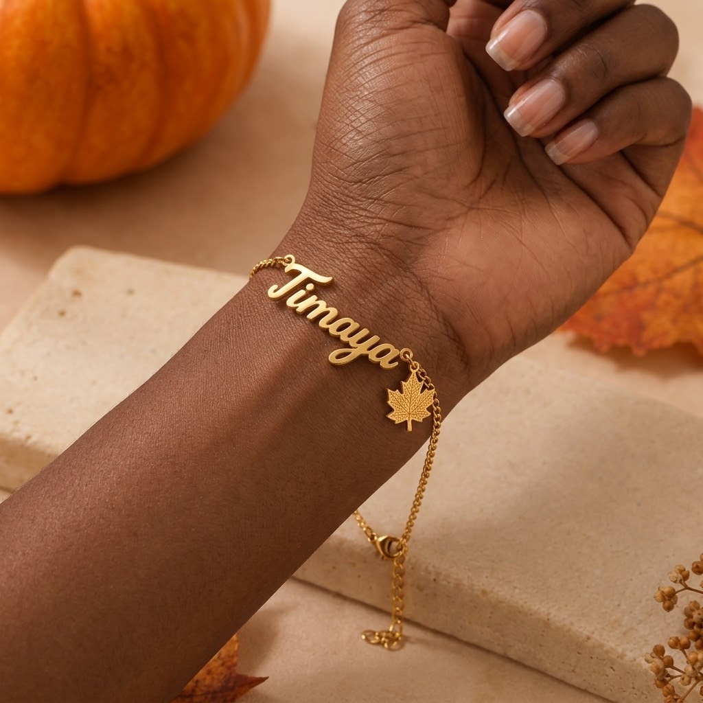 Personalized Autumn Maple Leaf Pendant Name Necklace Bracelet Jewelry Set