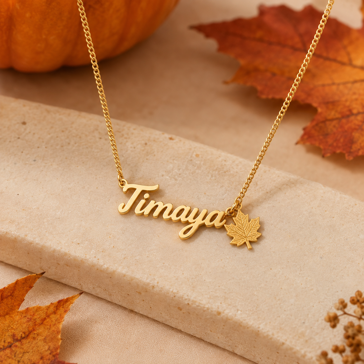 Personalized Autumn Maple Leaf Pendant Name Necklace Bracelet Jewelry Set