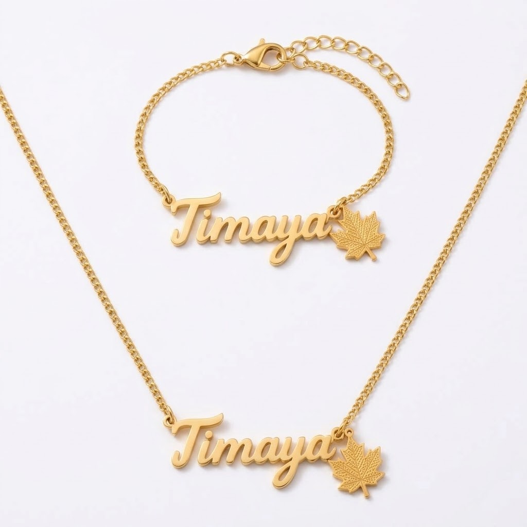 Personalized Autumn Maple Leaf Pendant Name Necklace Bracelet Jewelry Set