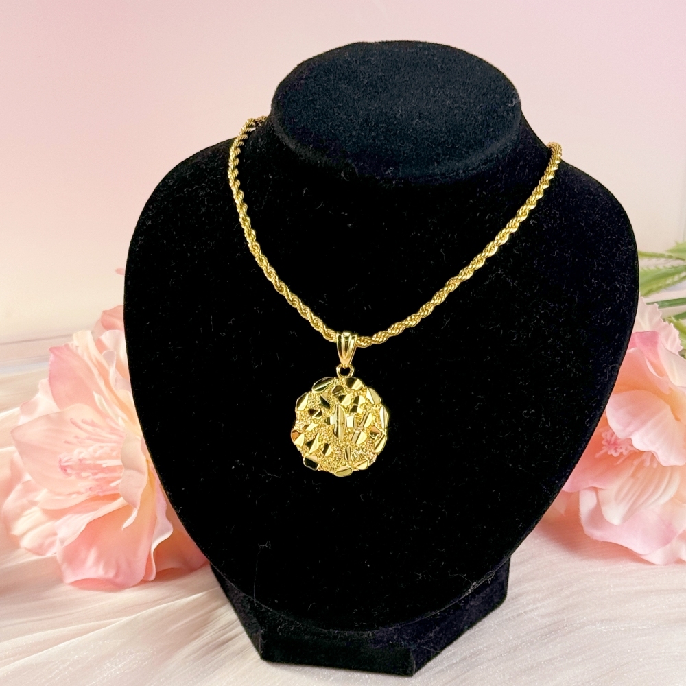 Gold Plated Nugget Circle Round Pendant Classic Style Necklace