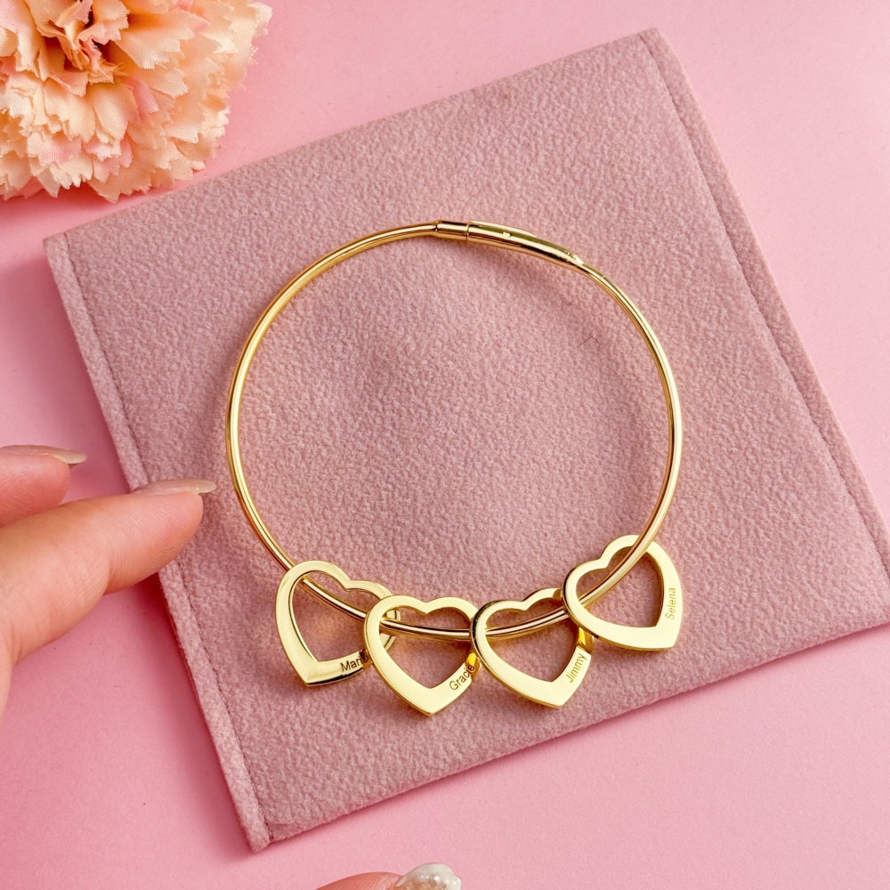 Personalized Family Name Bangle Bracelet with Hollow Heart 2-6 Names