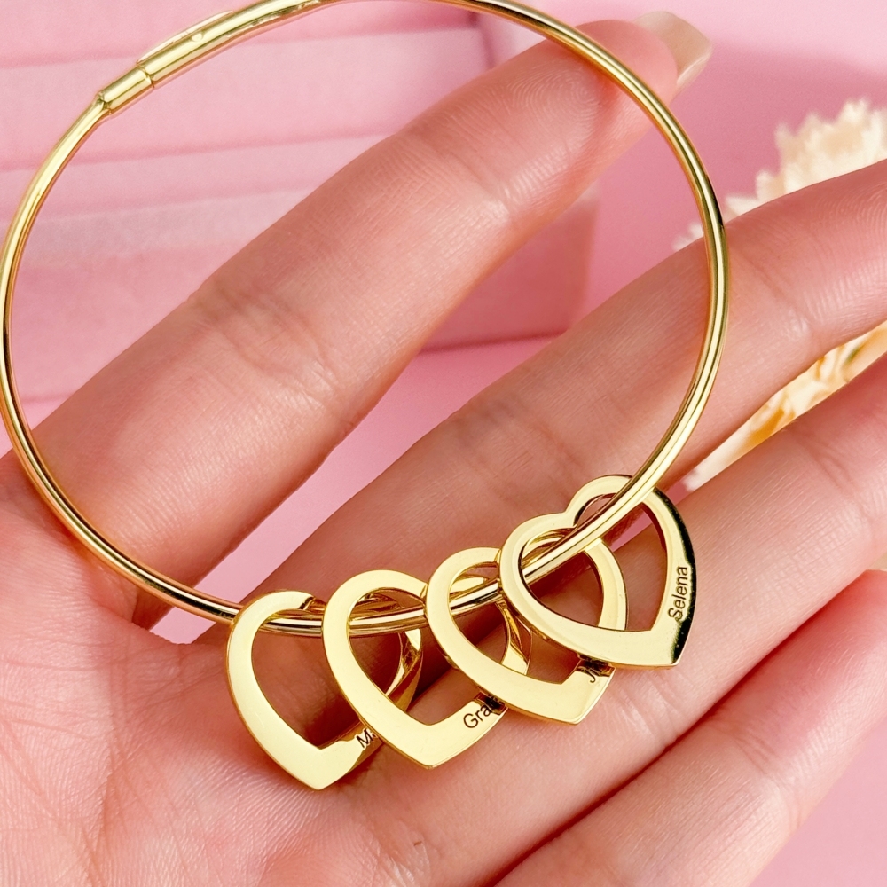 Personalized Family Name Bangle Bracelet with Hollow Heart 2-6 Names