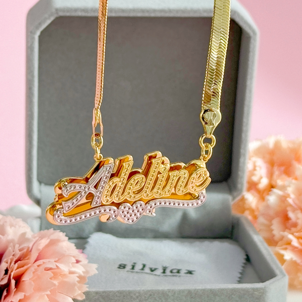 Double Layer Two Tone Heart Nameplate With Snake Chain Personalized Custom Name Necklace