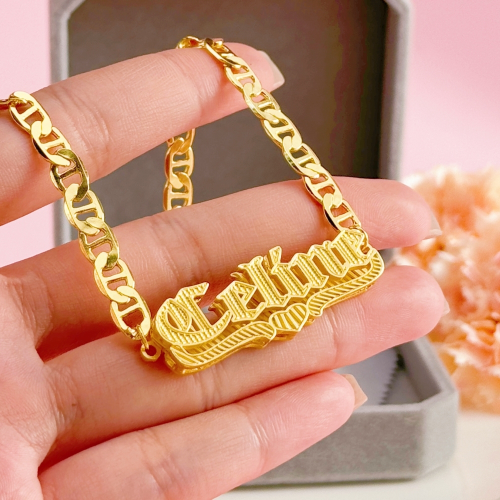 Custom Double Plate Old English Heart Name Necklace Bracelet Set