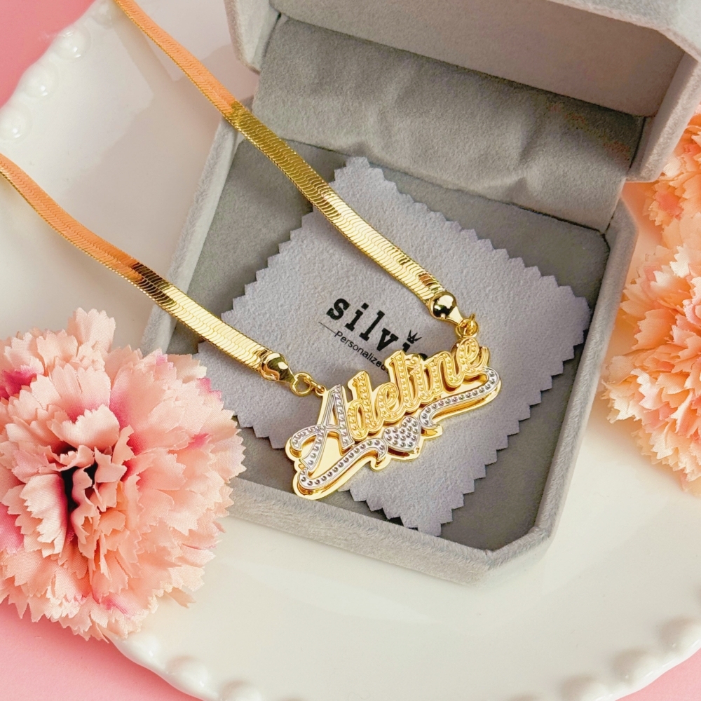 Double Layer Two Tone Heart Nameplate With Snake Chain Personalized Custom Name Necklace