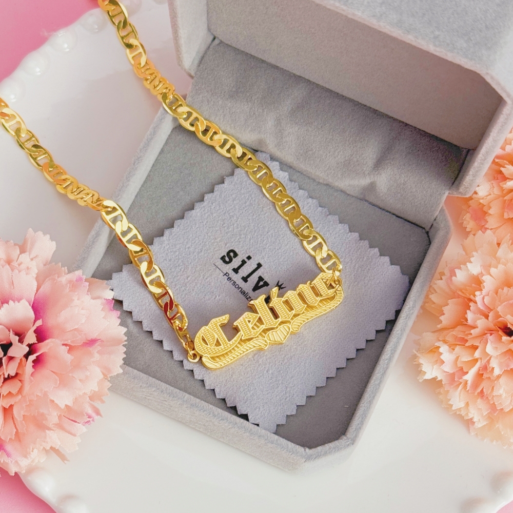 Double Plate Love Heart Personalized Custom Old English Font Gold Plated Name Necklace