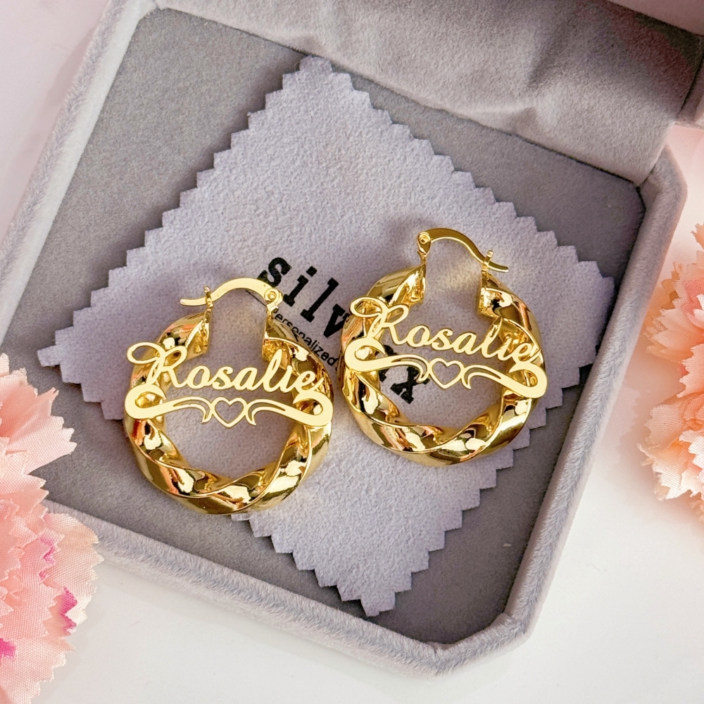 Personalized Custom Heart Gold Plated Twist Hoop Name Earring 