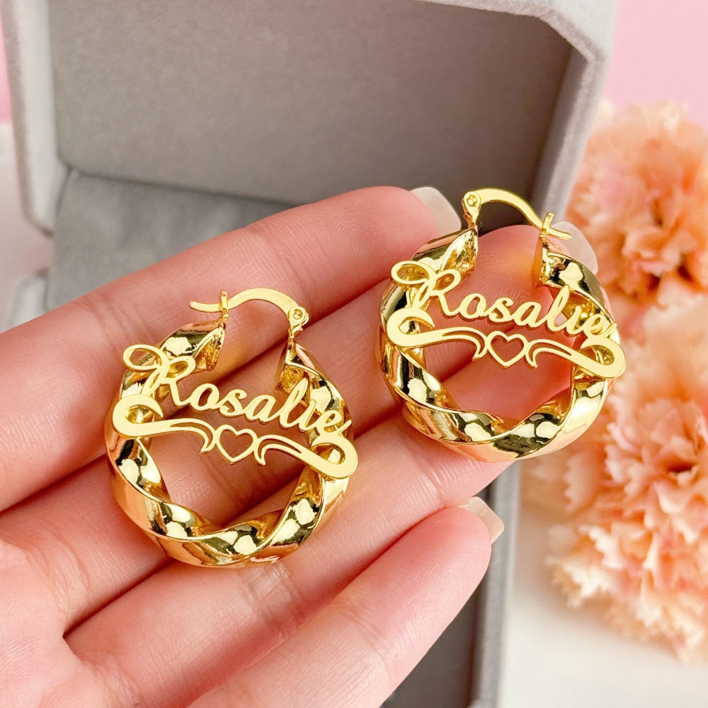 Personalized Custom Heart Gold Plated Twist Hoop Name Earring 