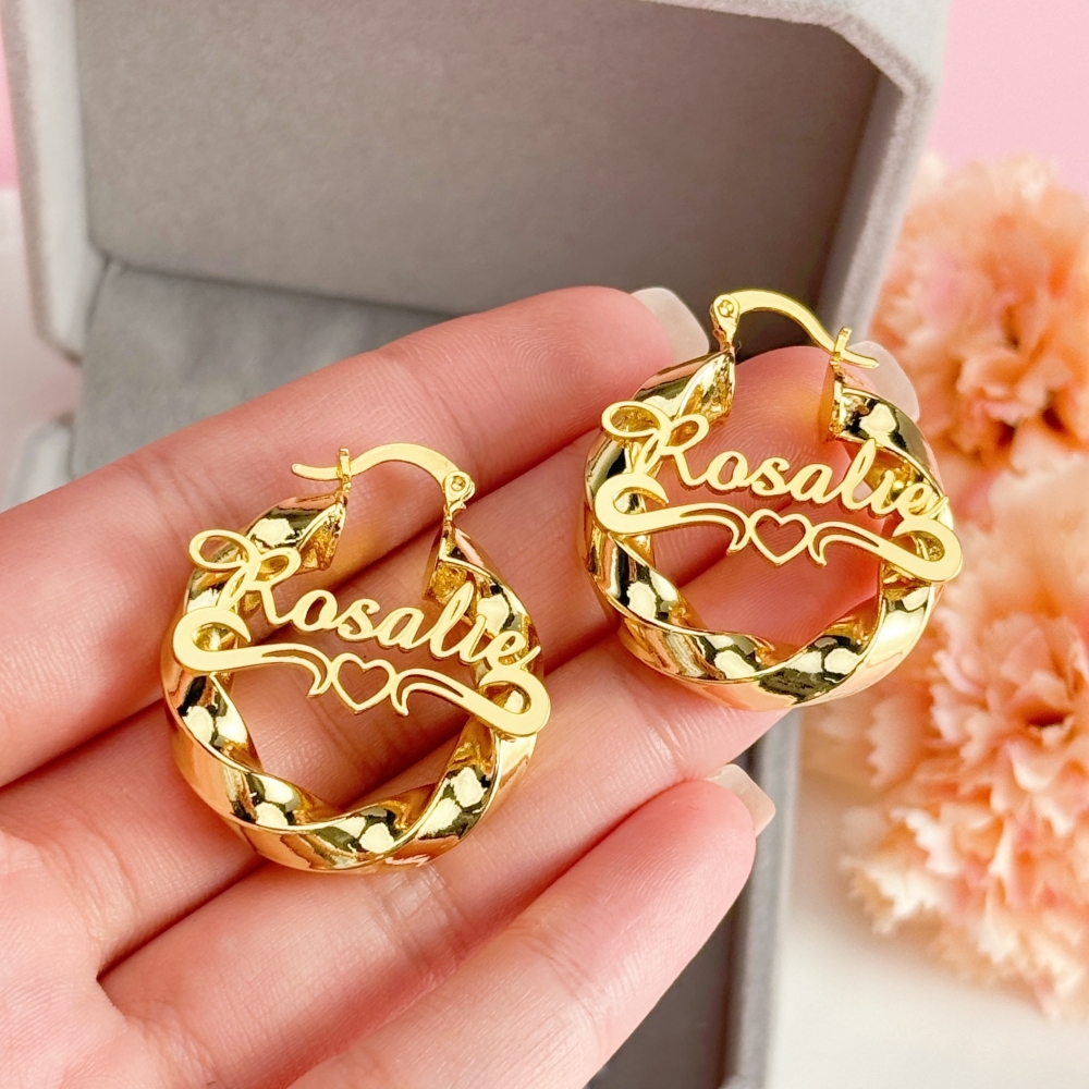 Personalized Custom Heart Gold Plated Twist Hoop Name Earring 