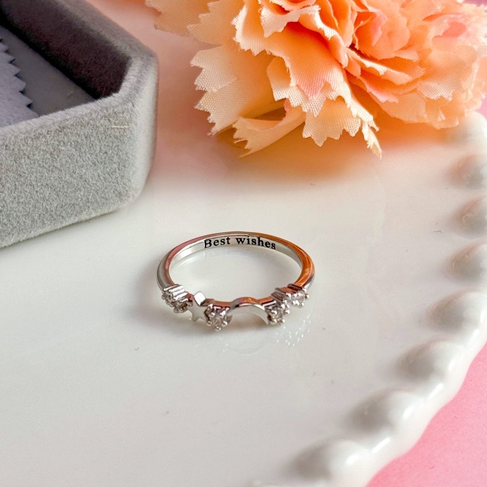 Personalized Zirconia Moon and Star Engraved Ring Name Ring