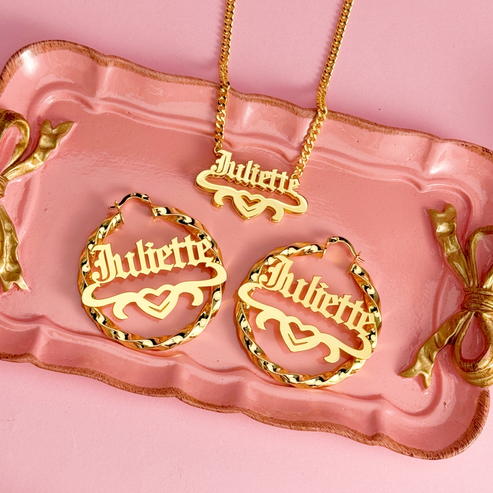 Custom Old English Heart Name Necklace Earrings Jewelry Set