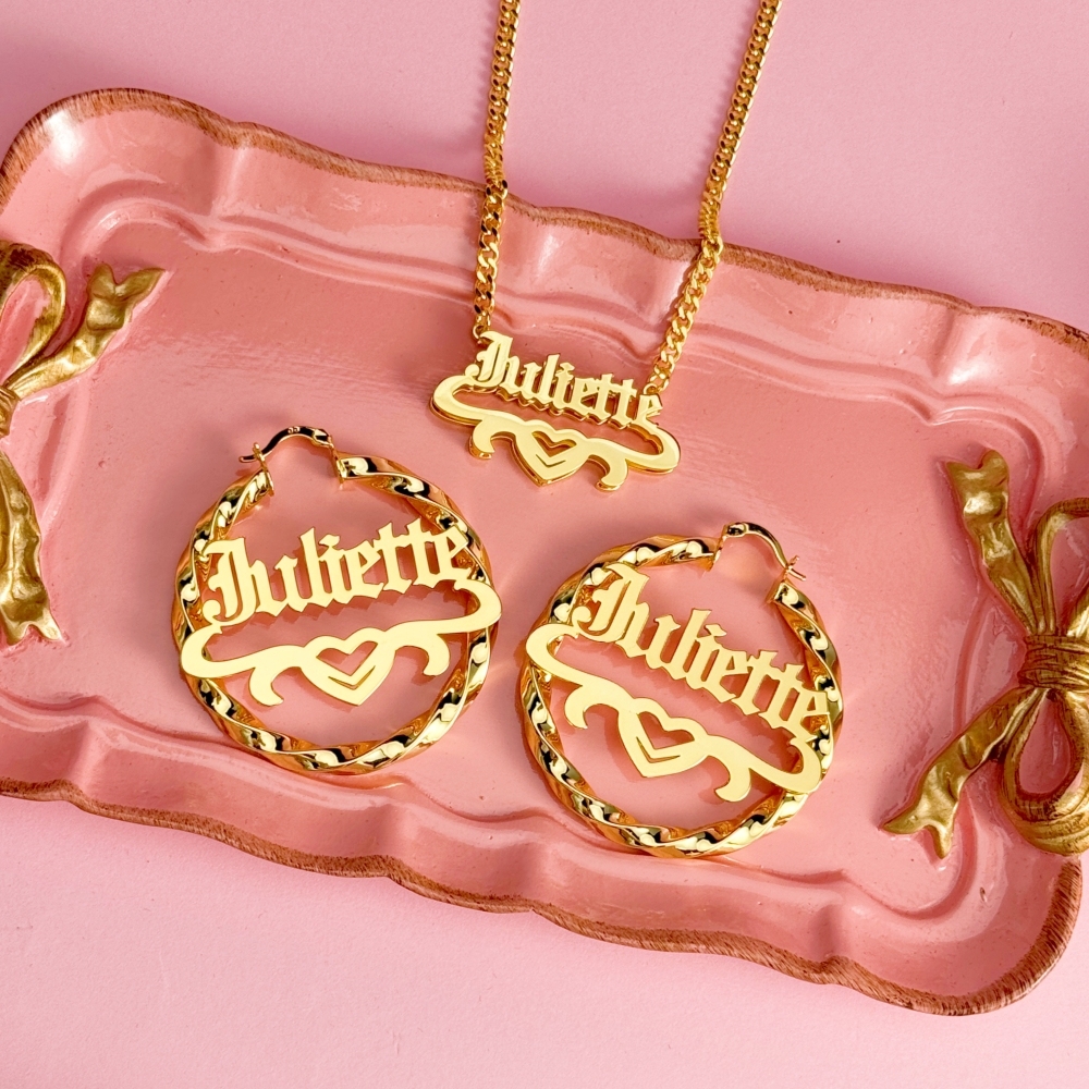 Custom Old English Heart Name Necklace Earrings Jewelry Set