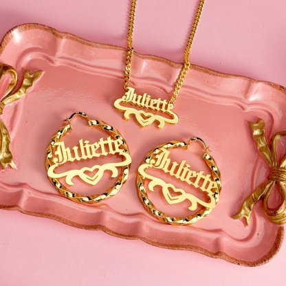 Custom Old English Heart Name Necklace Earrings Jewelry Set