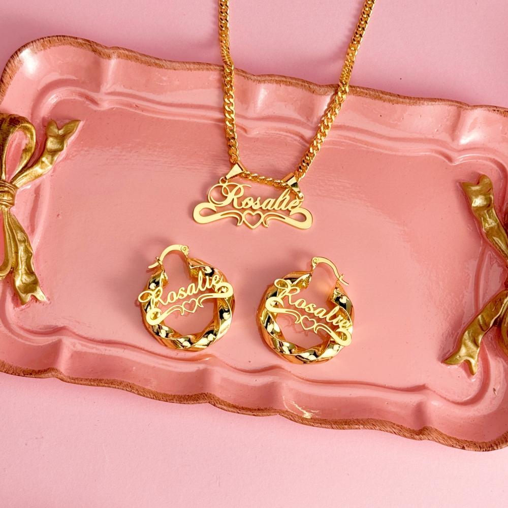Personalized Heart Name Necklace and Twist Hoop Name Earrings Jewelry Set