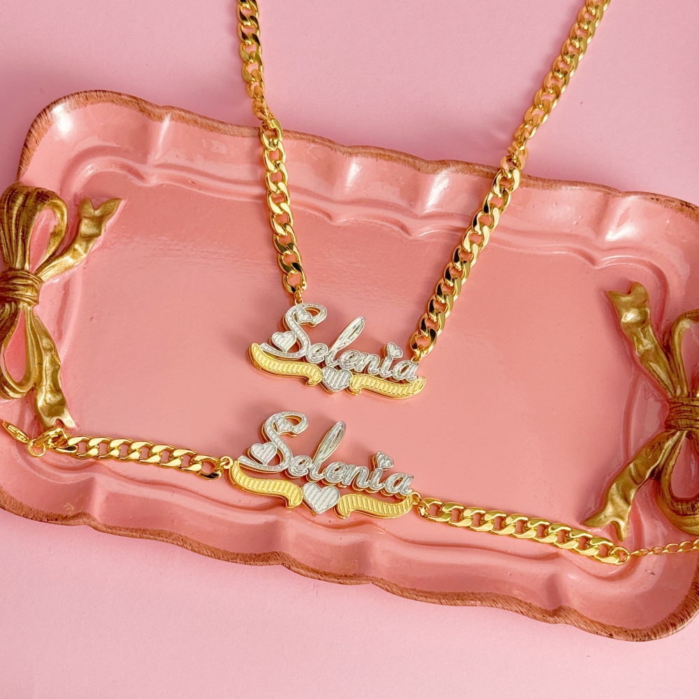 Personalized Two Tone Diamond Cut 3D Heart Name Necklace and Bracelet Set