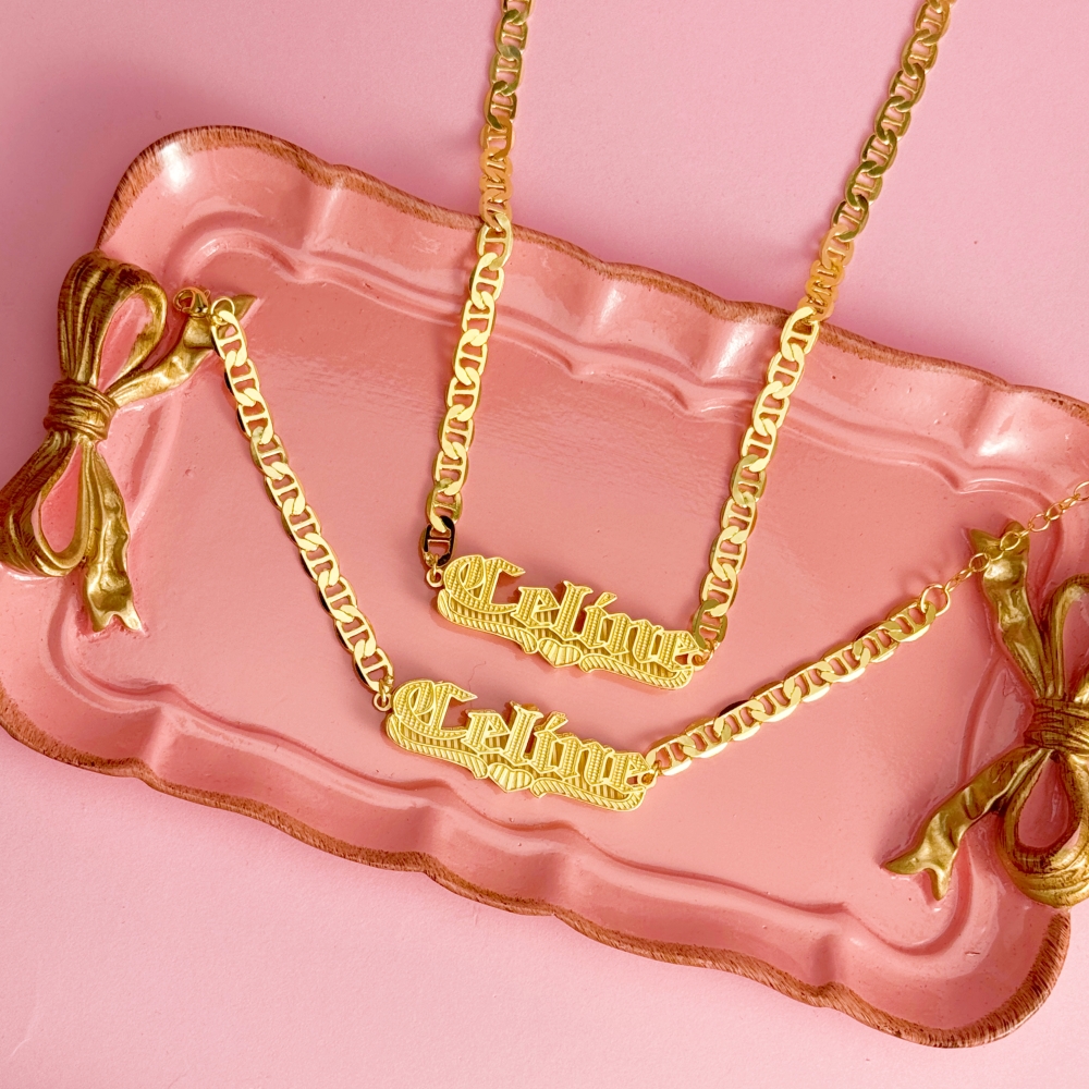 Custom Double Plate Old English Heart Name Necklace Bracelet Set