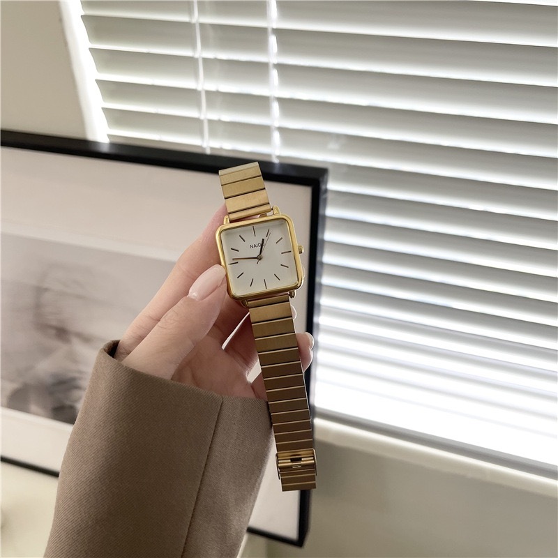 Minimalist Big Square Dial Watch Bamboo Strap Gold Plated