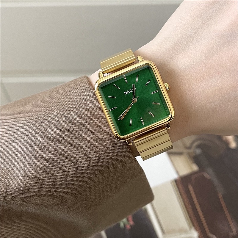 Minimalist Big Square Dial Watch Bamboo Strap Gold Plated