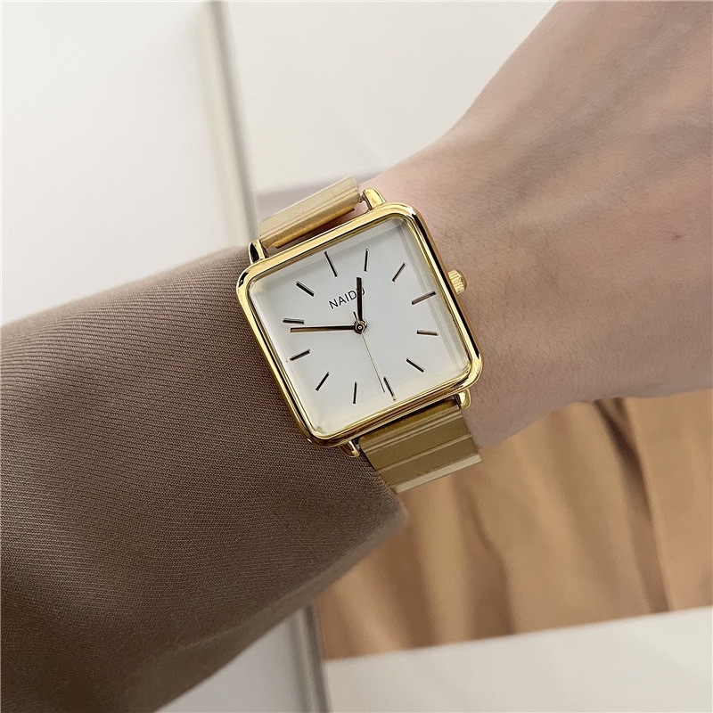 Minimalist Big Square Dial Watch Bamboo Strap Gold Plated