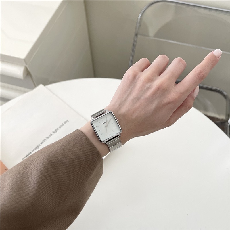 Minimalist Big Square Dial Watch Bamboo Strap Gold Plated