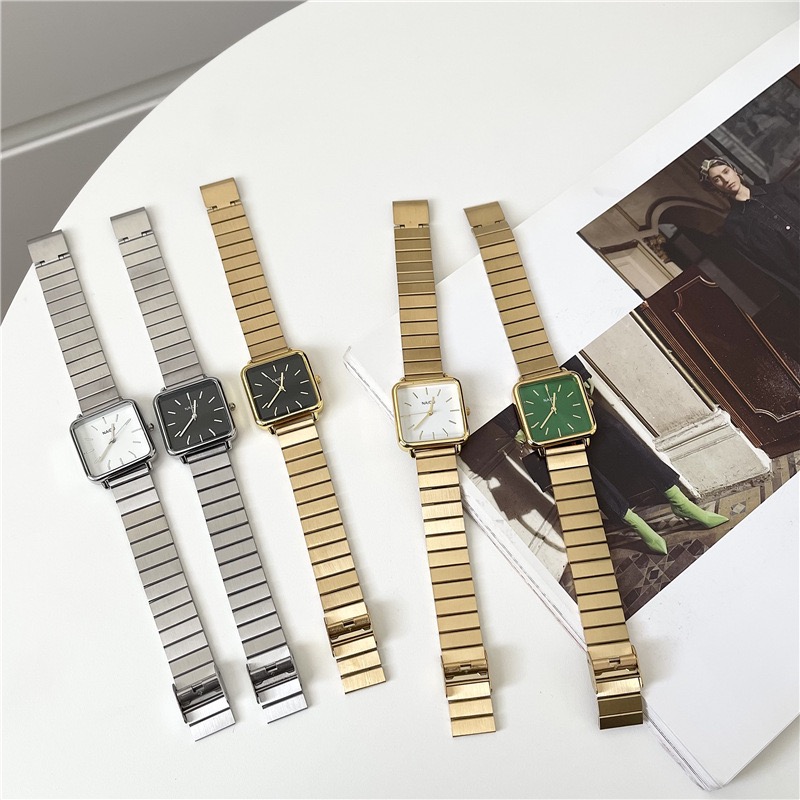 Minimalist Big Square Dial Watch Bamboo Strap Gold Plated