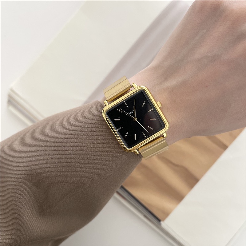 Minimalist Big Square Dial Watch Bamboo Strap Gold Plated