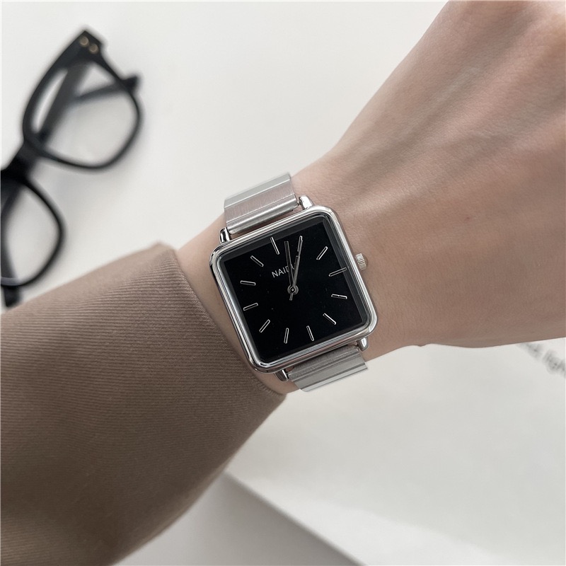 Minimalist Big Square Dial Watch Bamboo Strap Gold Plated