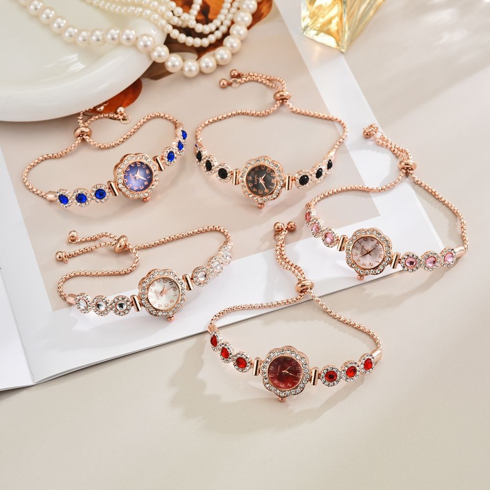 Woman Zirconia Color Gemstone Gold Plated Adjustable Bracelet Watch