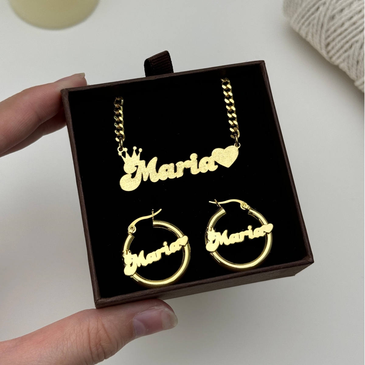 Bling Crown Heart Set Personalized Name Necklace And Hoop Earrings 2pcs Set