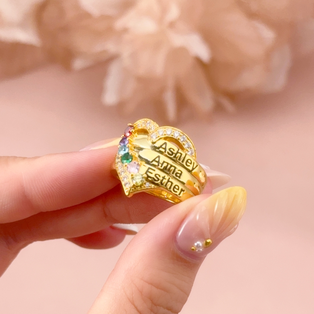 Love For Mom Personalized Custom Gold Plated Heart Name Ring with Birthstone 
