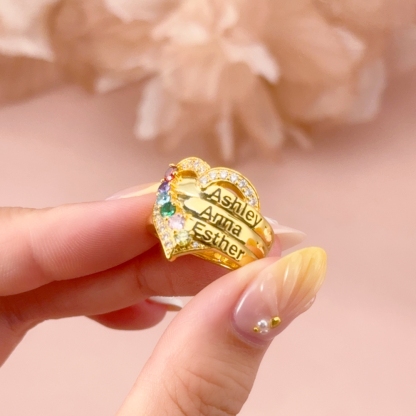 Love For Mom Personalized Custom Gold Plated Heart Name Ring with Birthstone 