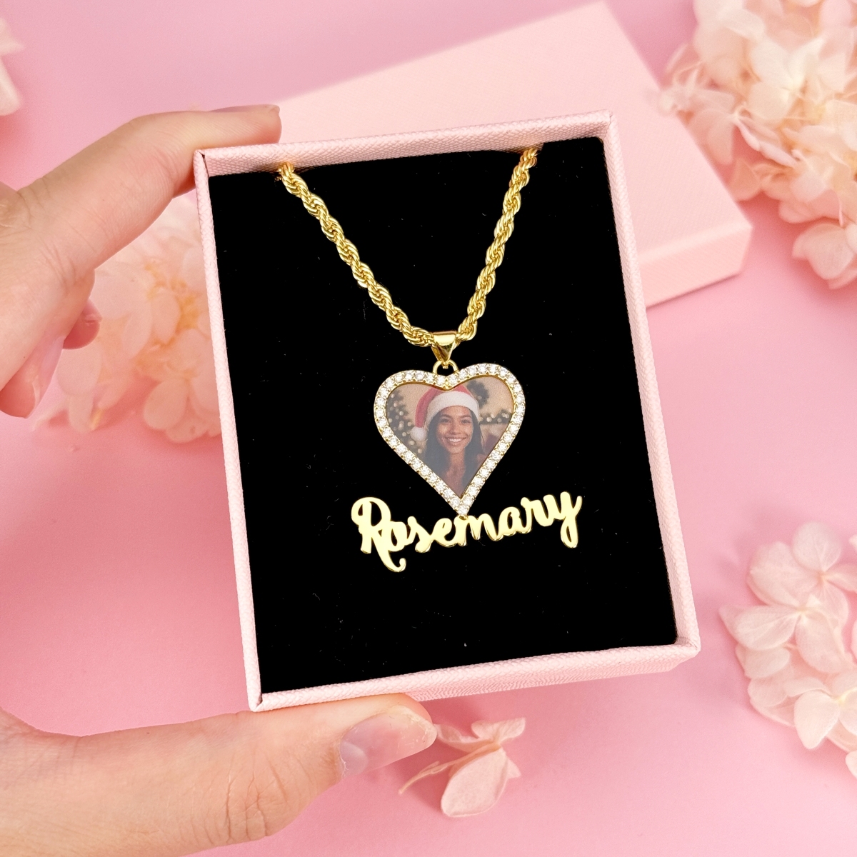Custom Heart Shaped Zirconia Photo Pendant Name Necklace