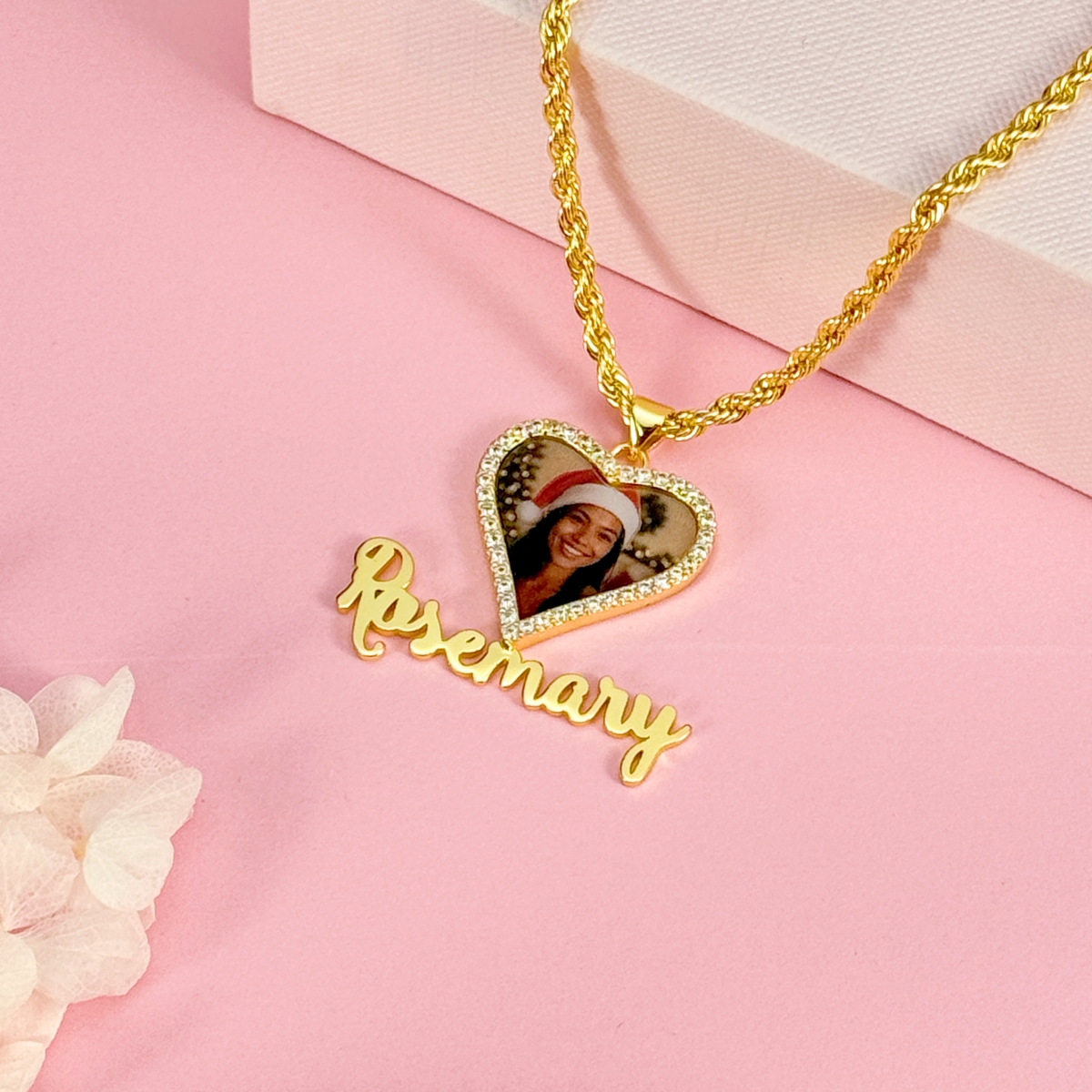 Custom Heart Shaped Zirconia Photo Pendant Name Necklace