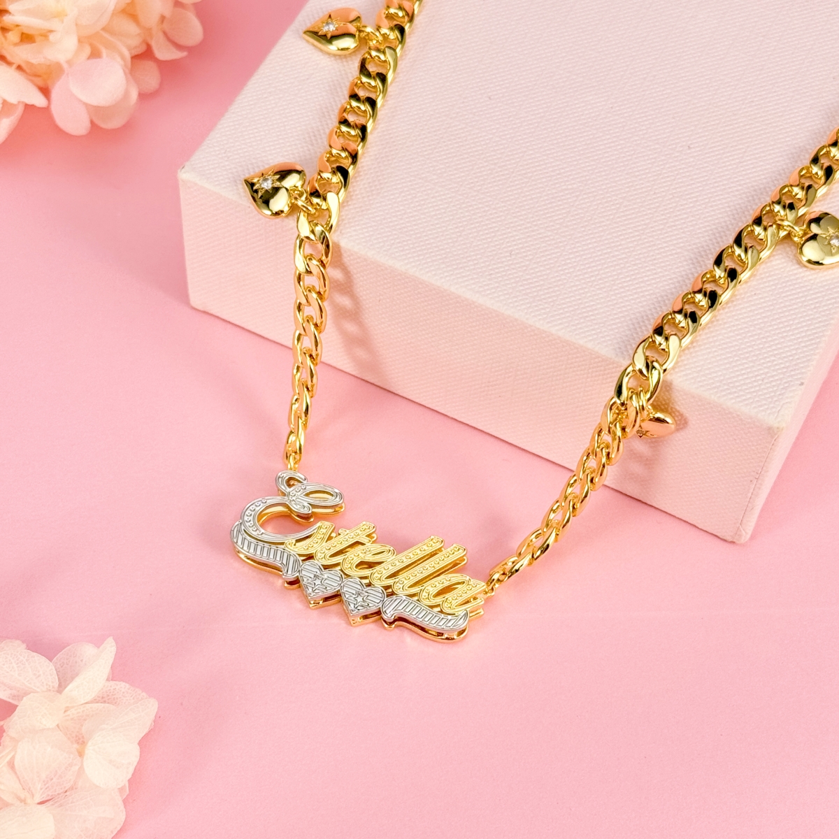 Double Plated Two Tone Two Hearts Pendant Personalized Gold Plated Name Necklace