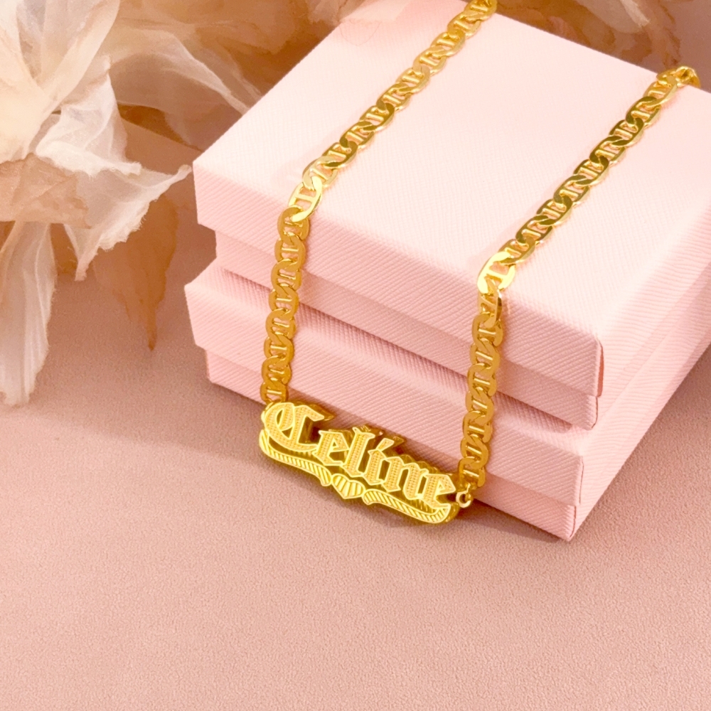 Double Plate Love Heart Personalized Custom Old English Font Gold Plated Name Necklace