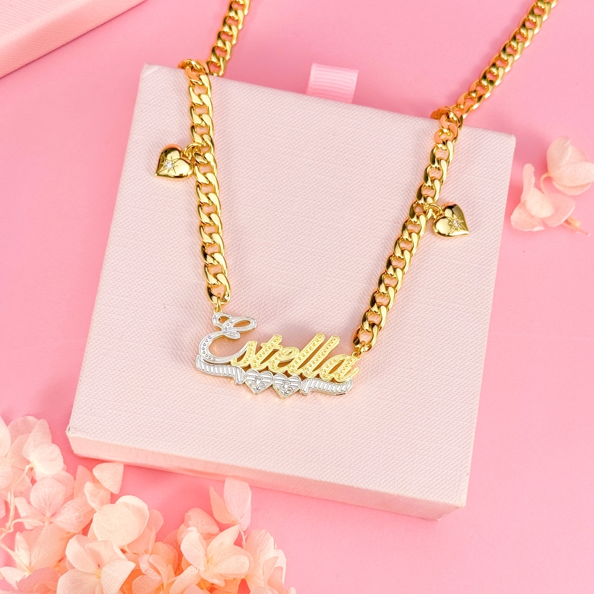 Double Plated Two Tone Two Hearts Pendant Personalized Gold Plated Name Necklace
