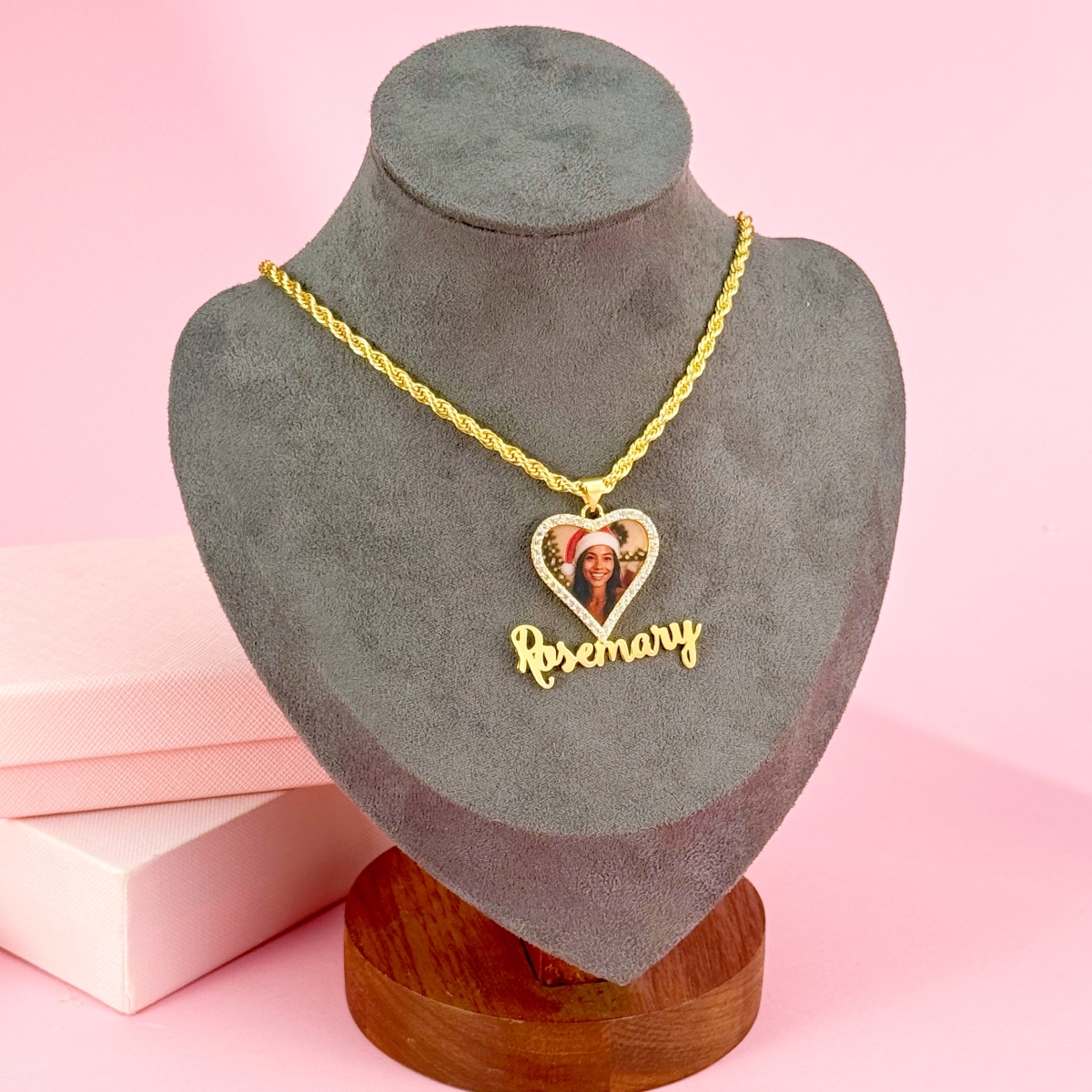 Custom Heart Shaped Zirconia Photo Pendant Name Necklace