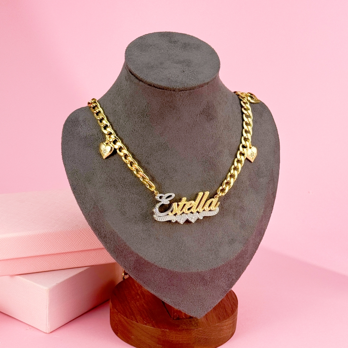 Double Plated Two Tone Two Hearts Pendant Personalized Gold Plated Name Necklace