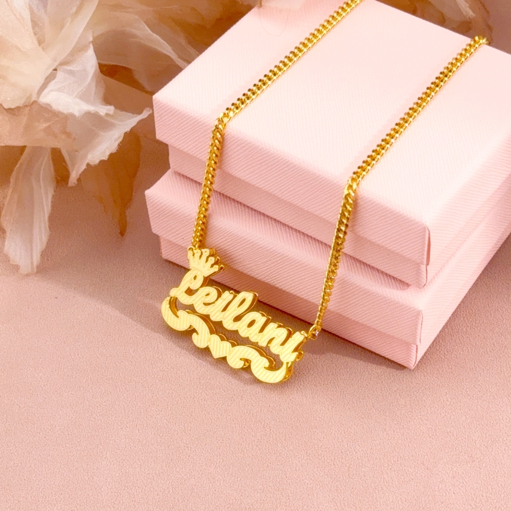 Double Layer Crown Heart Personalized Custom Gold Plated Name Necklace