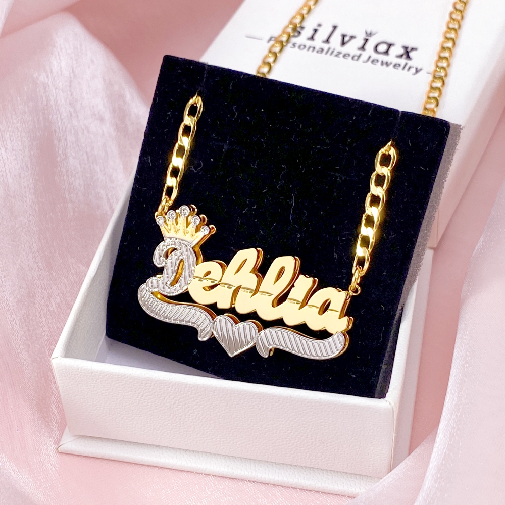 Double Layer Two Tone Nameplate Crown Heart Personalized Custom Gold Plated Name Necklace