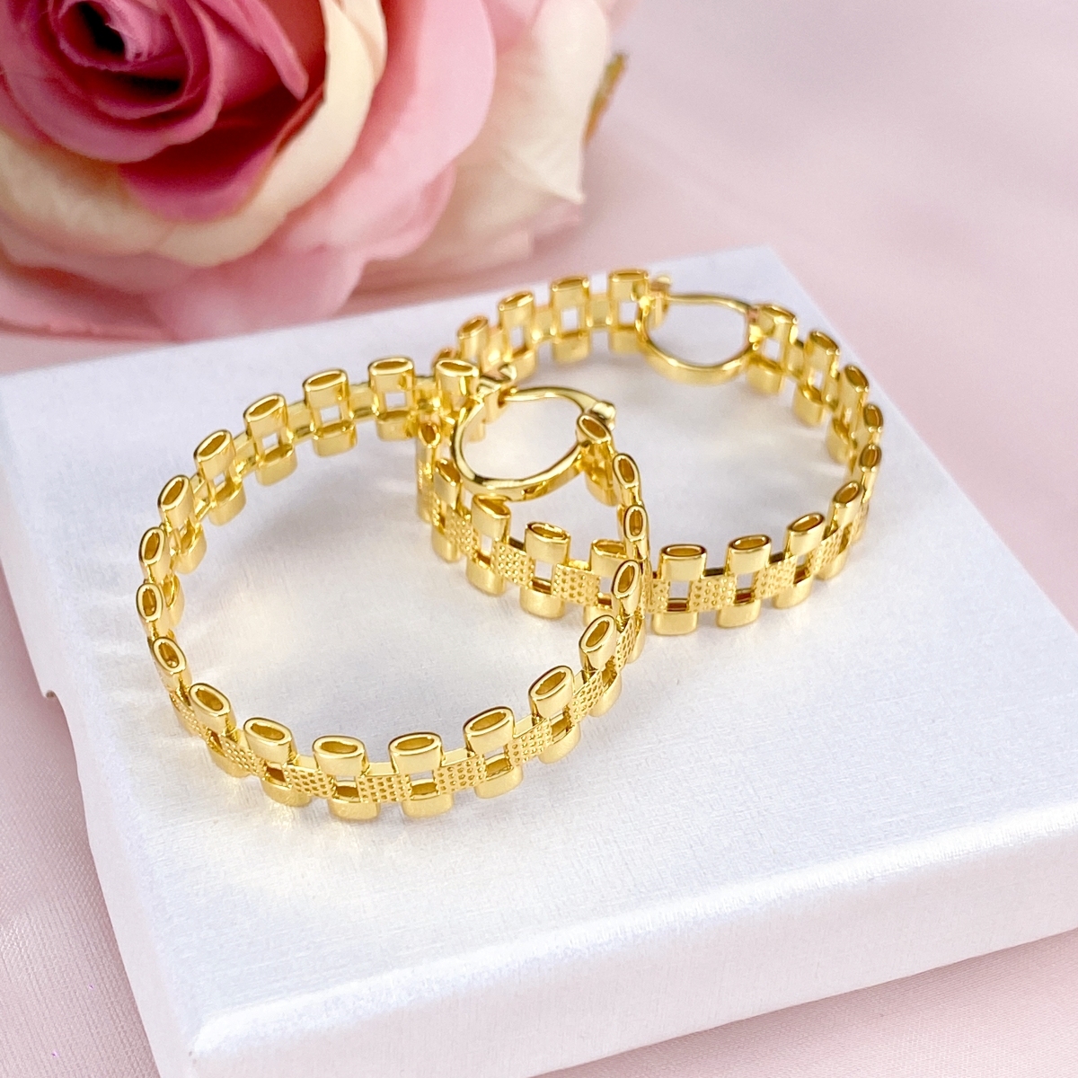 RX Style Watch Band Chain Gold Plated Round Circle Hoop Earrings 