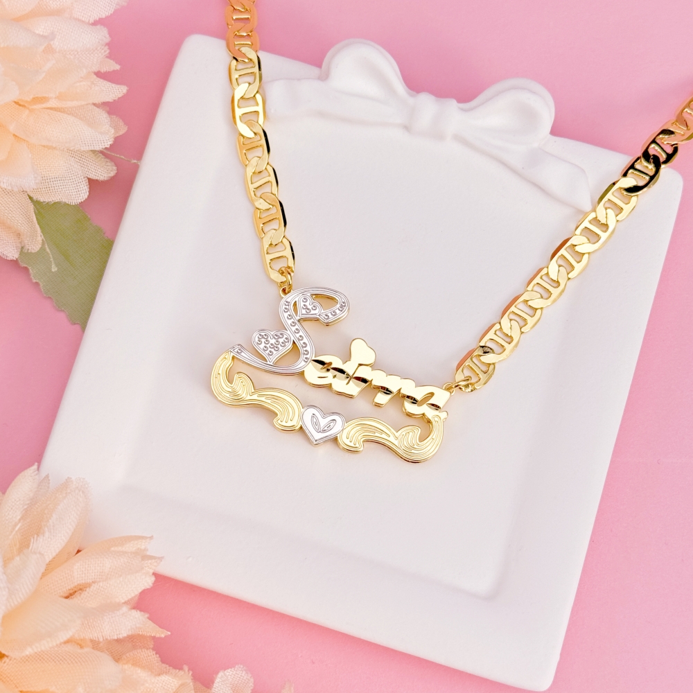 Custom Two Tone Nameplate with Heart Name Necklace Mariner Chain