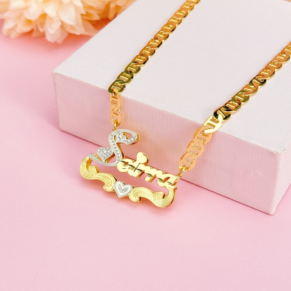 Custom Two Tone Nameplate with Heart Name Necklace Mariner Chain