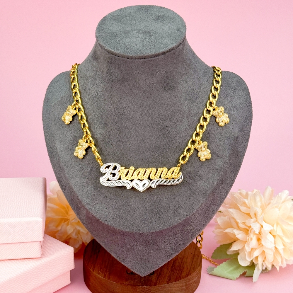 Cuban Chain Personalized Double Layer Bear Pendant Name Necklace