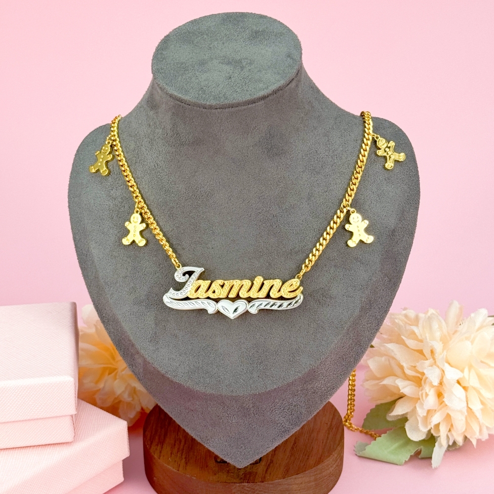 Double Plate Personalized Cuban Chain with Gingerbread Man Name Necklace
