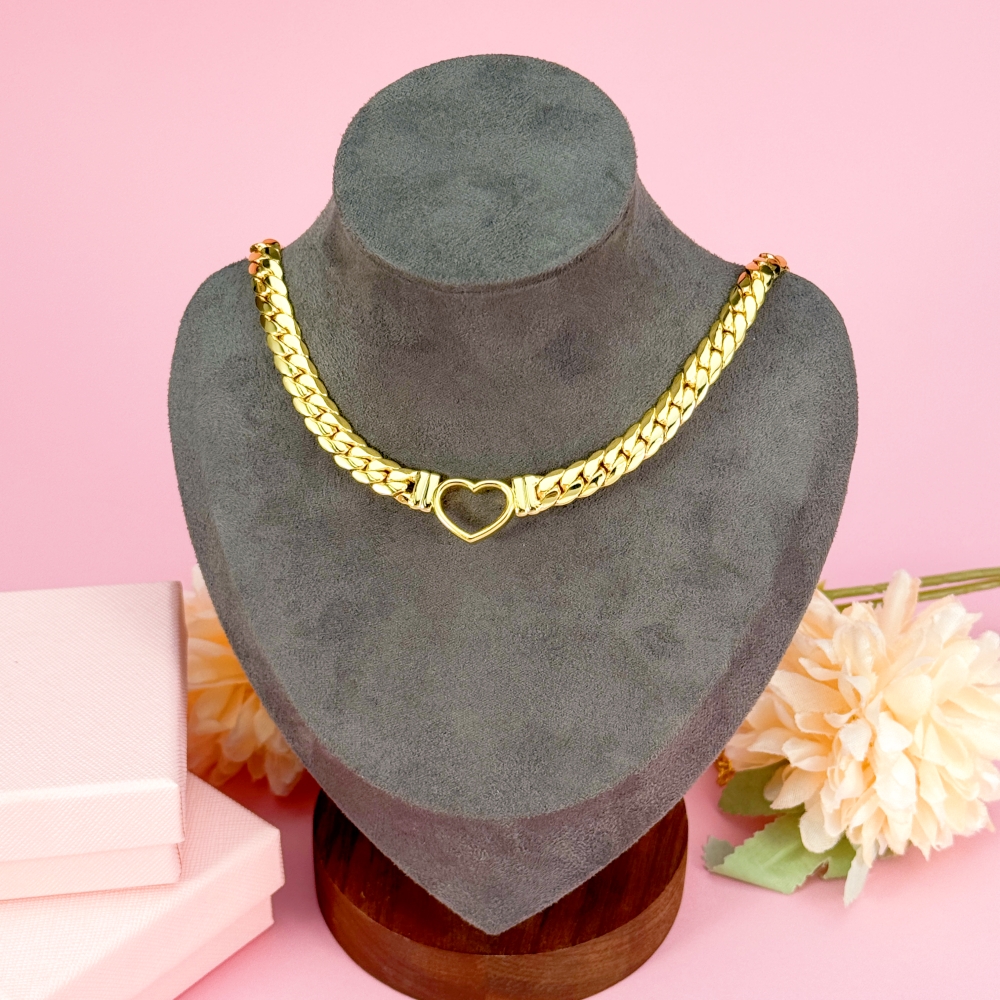 Vintage Gold Plated Love Heart Cuban Chain Necklace Choker