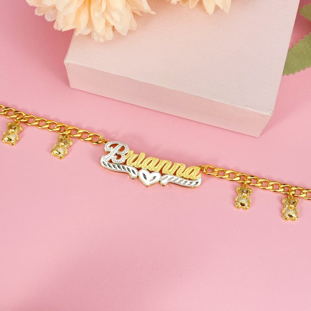 Cuban Chain Personalized Double Layer Bear Pendant Name Necklace