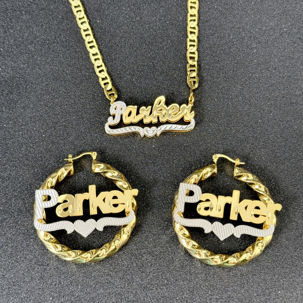 Heart Set Custom Double Plate Two Tone Necklace And Hoop Name Earrings