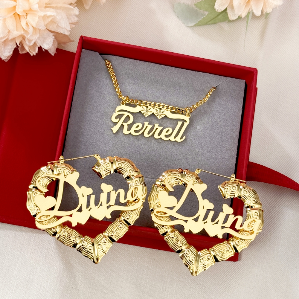 Double Heart Nameplate Personalized Necklace and Bamboo Earrings Set